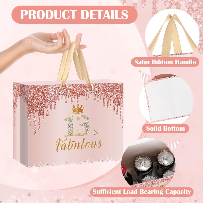 Yoirrat Rose Gold 13 & Fabulous 13th Birthday Gift Bag for Girls Large Pink Happy 13th Birthday Gift Bag with Wrapping Paper and Card for Teenager Thirteenth Bday Decorations Party Supplies - Image 4